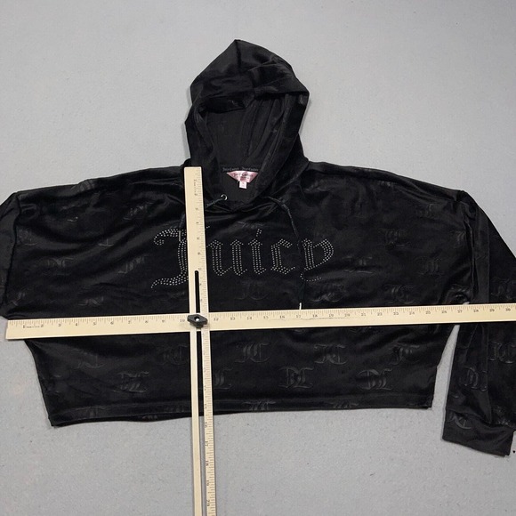 Juicy Couture Black Velour Logo Cropped Hoodie Size Medium Y2K Style - Picture 7 of 13